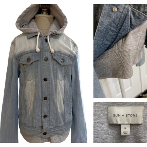 Sun + Stone Light Faded Blue Denim Jean Jacket Mens Acid Wash Trucker Streetwear - Picture 1 of 14